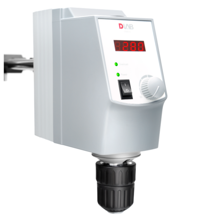 A silver laboratory overhead stirrer with digital display, two indicator lights, a control knob, and a power switch.