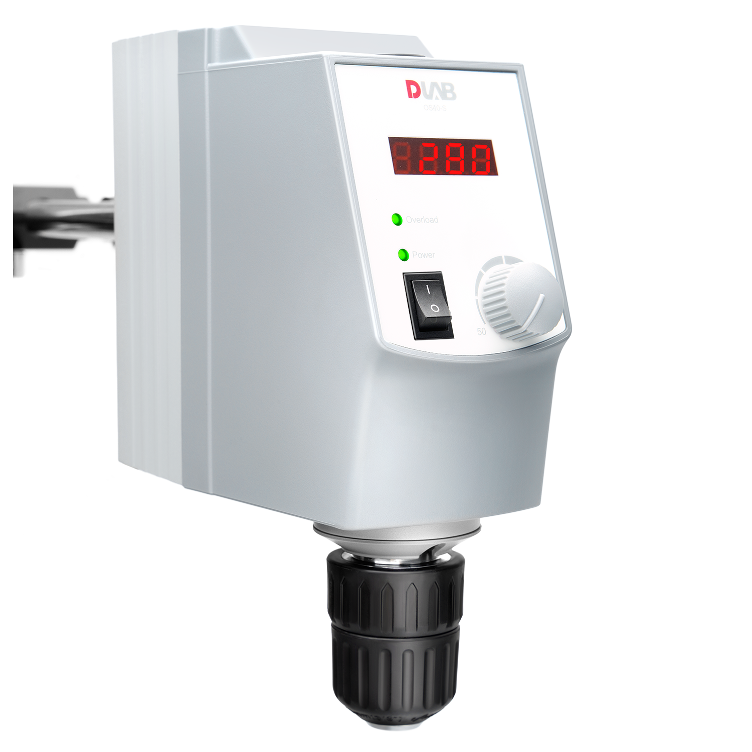 A silver laboratory overhead stirrer with digital display, two indicator lights, a control knob, and a power switch.