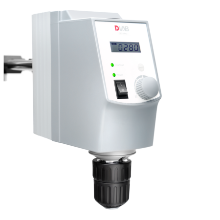 A close-up of a laboratory overhead stirrer with a digital display showing 0280, indicator lights, a control knob, and a black chuck attachment.