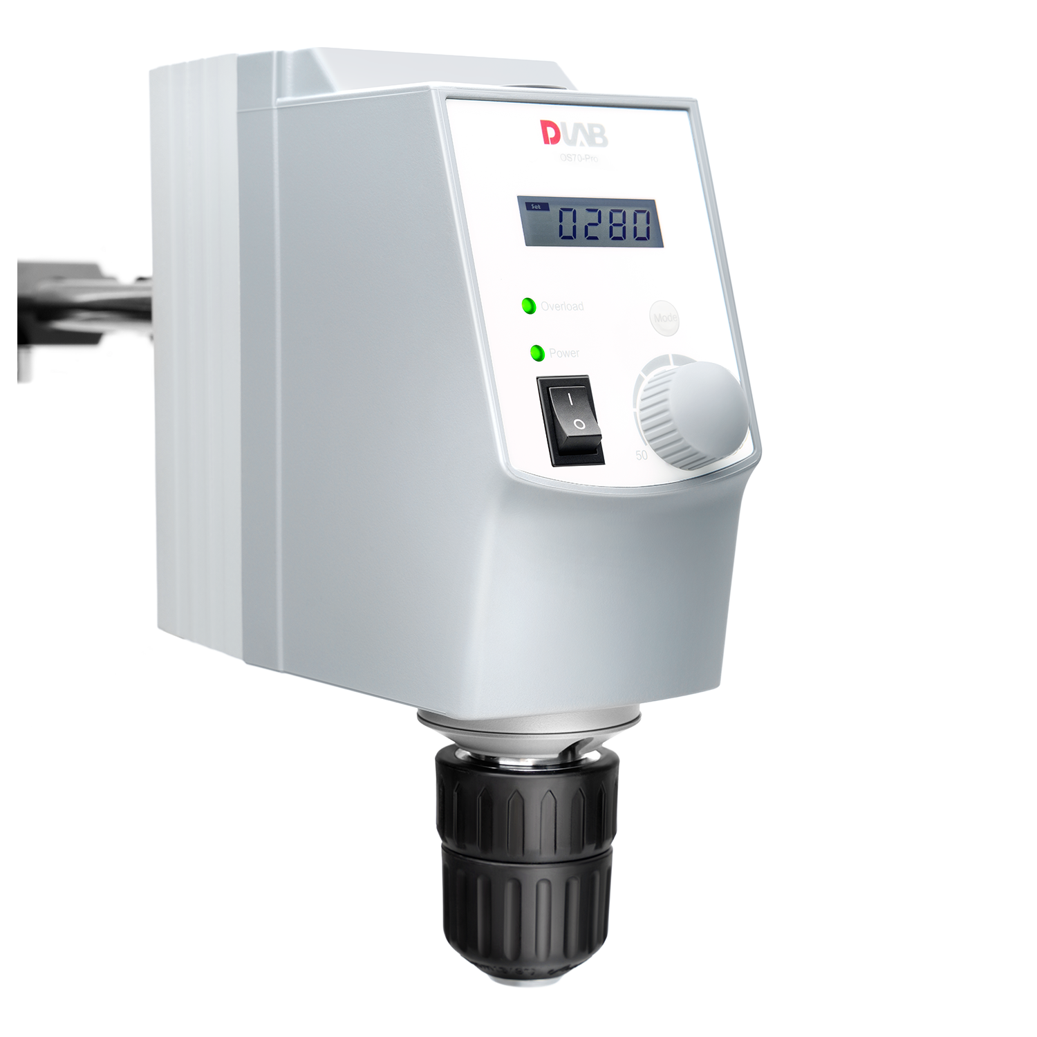 A close-up of a laboratory overhead stirrer with a digital display showing 0280, indicator lights, a control knob, and a black chuck attachment.