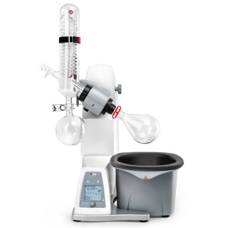 A laboratory rotary evaporator with a digital display, glass condenser, two round-bottom flasks, and a heating bath on a white background.
