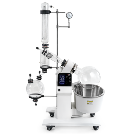 A laboratory rotary evaporator with glassware, control panel, water bath, and attached vacuum gauge, used for solvent evaporation processes.