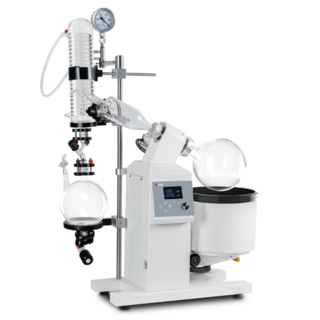 A laboratory rotary evaporator with a digital display, round-bottom flasks, condenser, and water bath, used for efficient solvent evaporation.