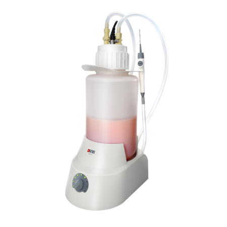 A laboratory bottle top dispenser with tubes and a digital control panel, containing a pink liquid, on a white background.