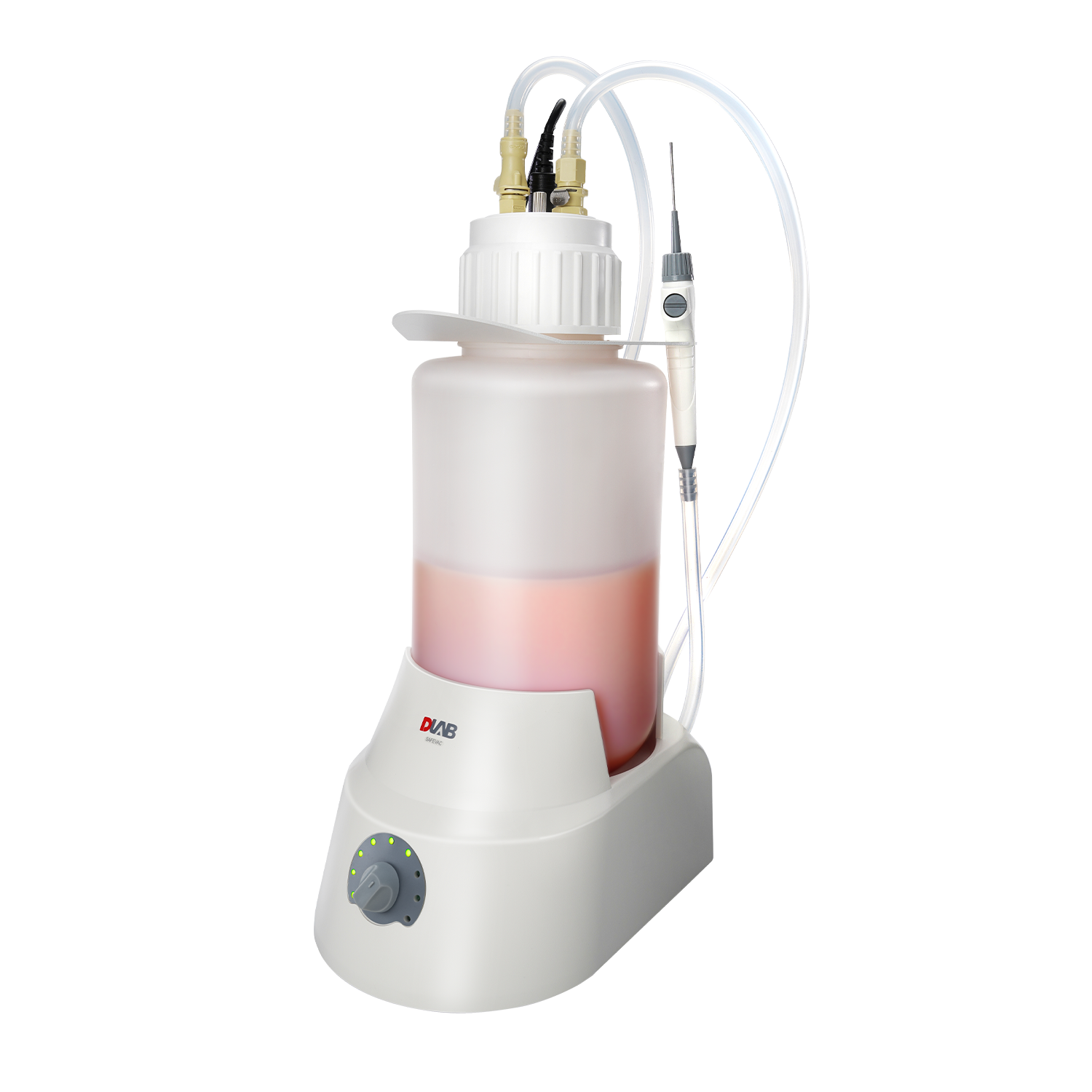 A laboratory bottle top dispenser with tubes and a digital control panel, containing a pink liquid, on a white background.