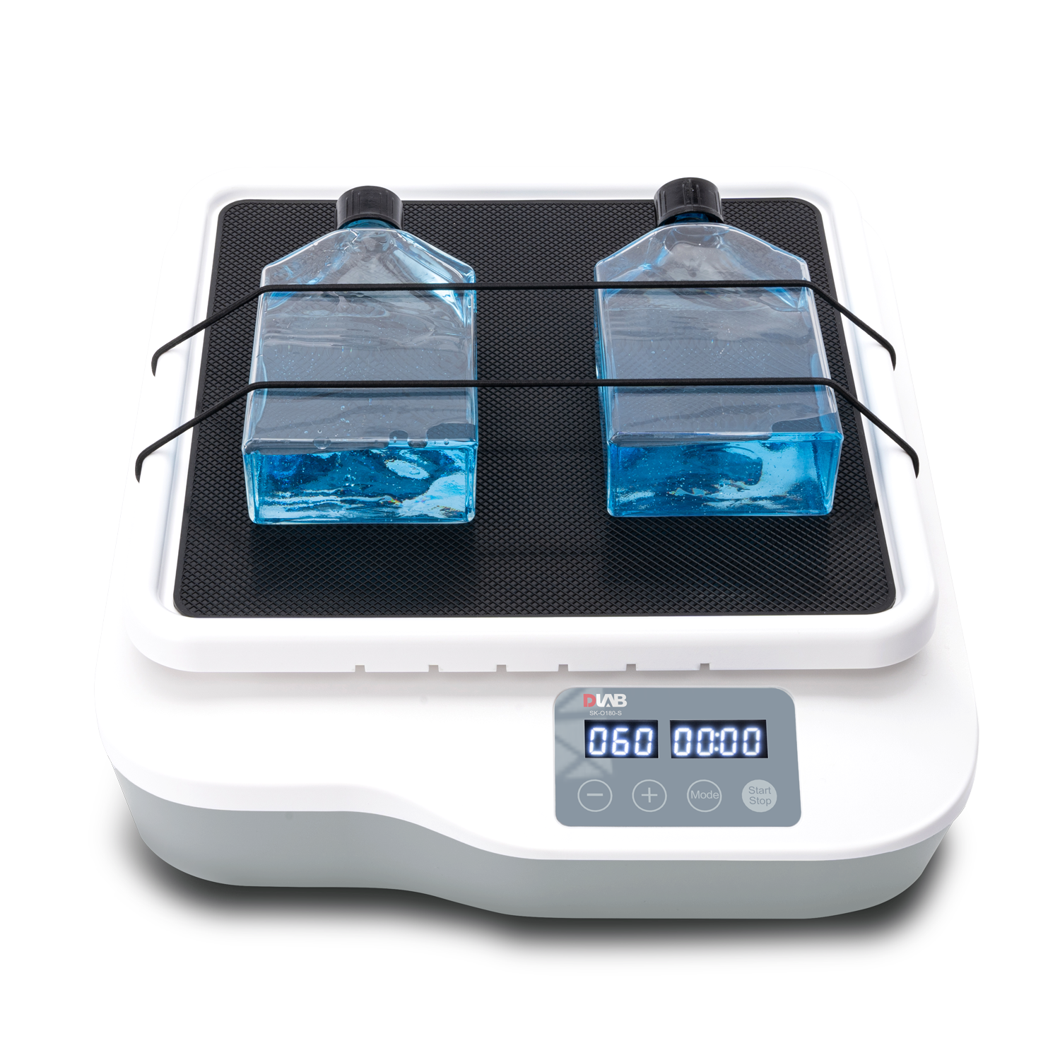 Laboratory orbital shaker with two large bottles of blue liquid secured on the platform, digital control panel displaying "060" and "00:00" on the screen.