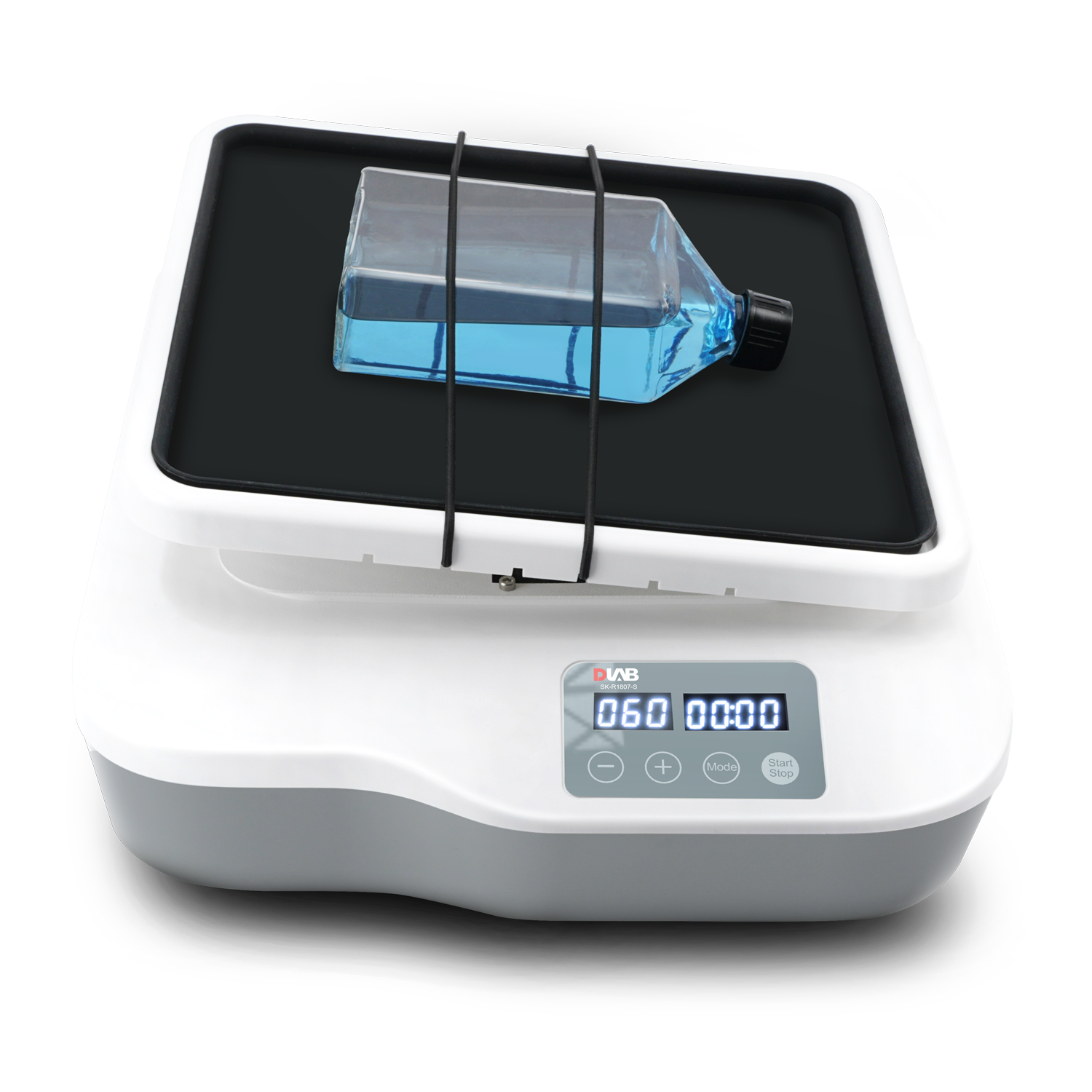 A digital laboratory shaker with a rectangular platform holding a capped flask containing blue liquid, secured by elastic bands.