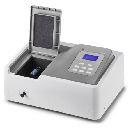 A laboratory spectrophotometer with an open sample compartment and a digital display screen showing blue text.