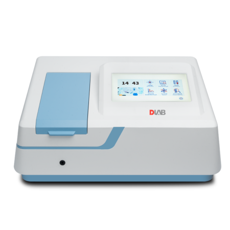 A laboratory device with a digital touchscreen display and a blue accent, showing icons and numbers, placed on a white surface.