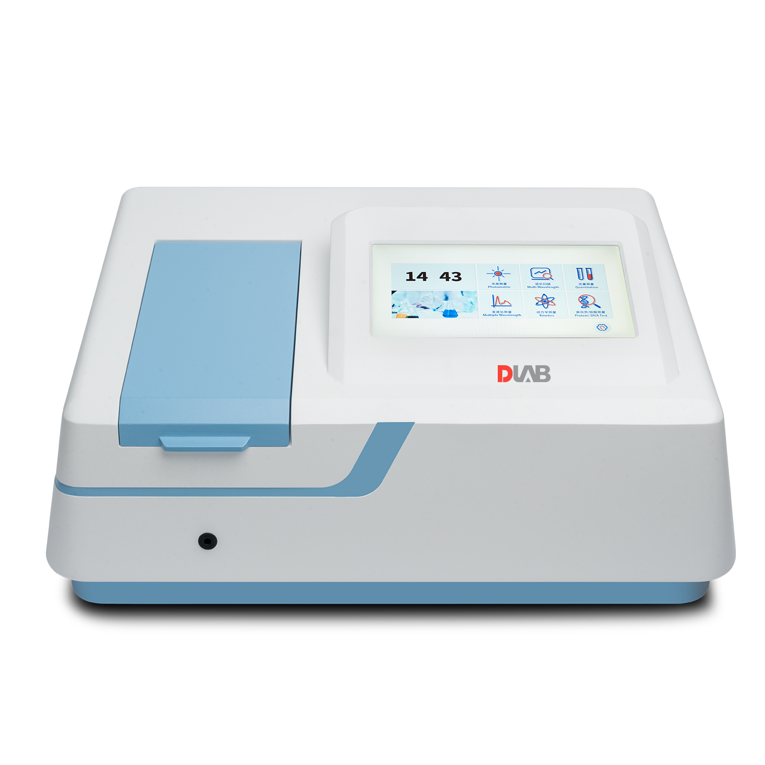 A laboratory device with a digital touchscreen display and a blue accent, showing icons and numbers, placed on a white surface.