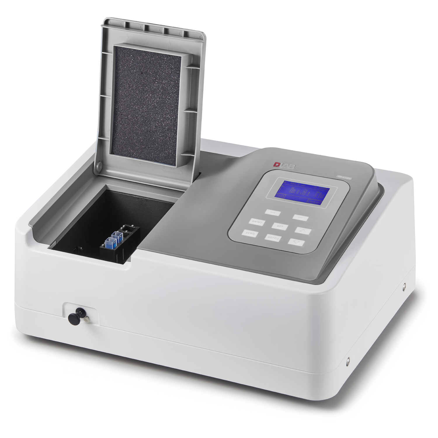A benchtop laboratory spectrophotometer with an open sample compartment and digital display screen showing blue text.