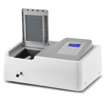 A laboratory spectrophotometer with an open sample compartment and digital control panel on a white background.