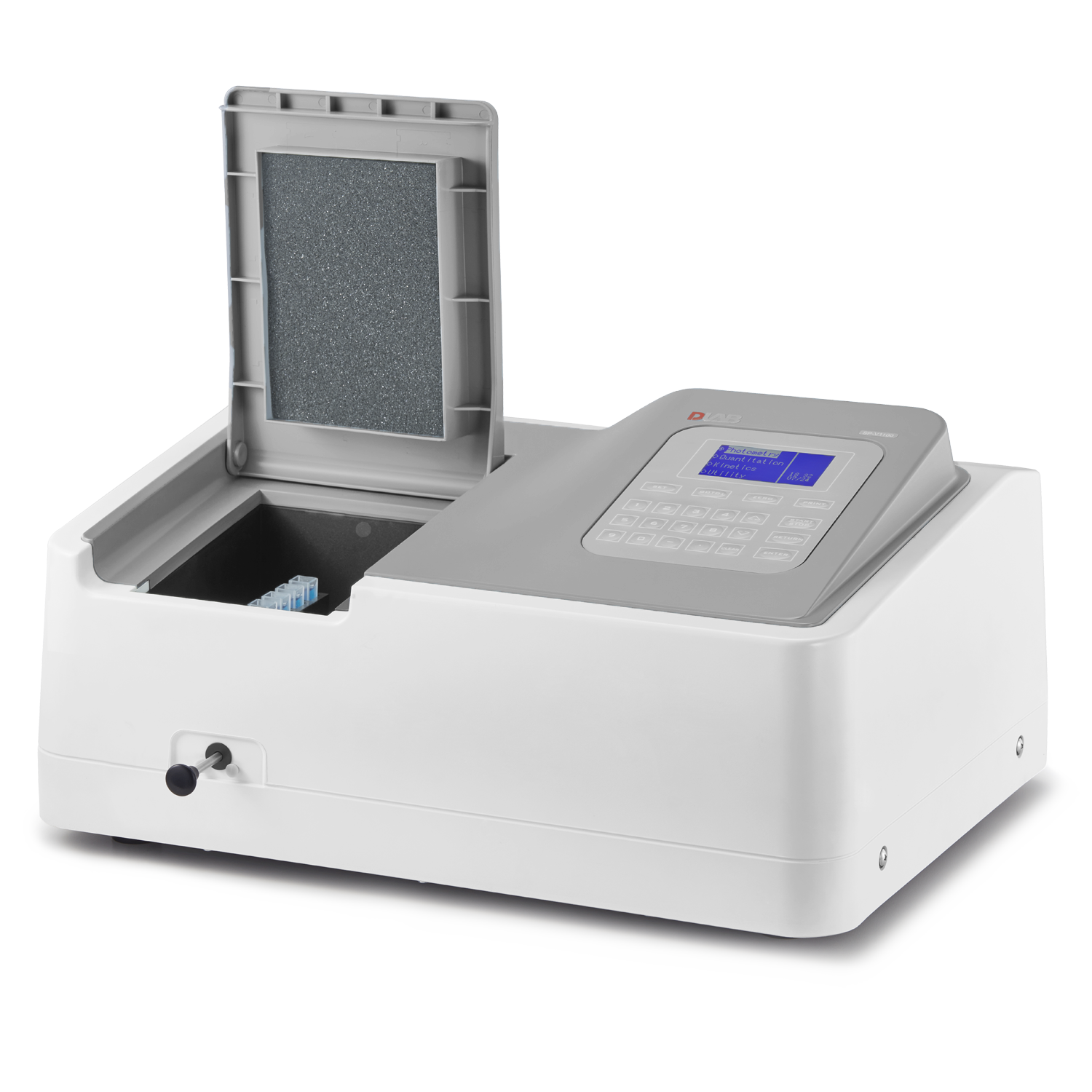 A laboratory spectrophotometer with an open sample compartment and digital control panel on a white background.