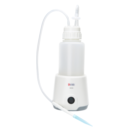A white electronic laboratory pipette controller with a plastic bottle reservoir, attached tubing, and a blue-tipped pipette against a plain background.
