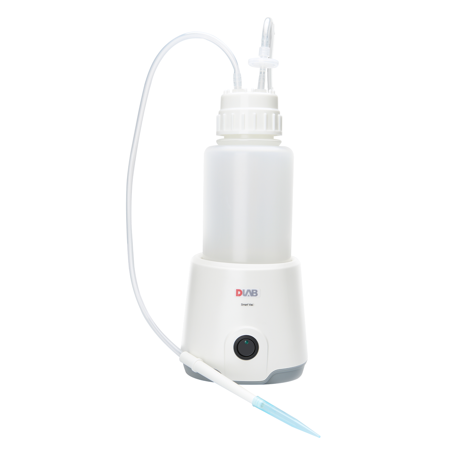 A white electronic laboratory pipette controller with a plastic bottle reservoir, attached tubing, and a blue-tipped pipette against a plain background.