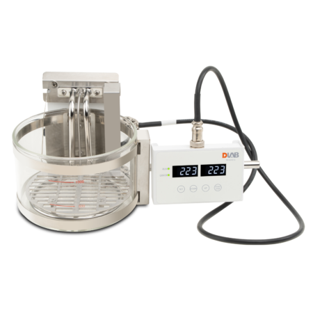 A laboratory water bath circulator with a digital display, control buttons, and probes attached to a glass container with a metal rack inside.