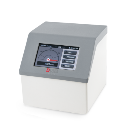 A laboratory device with a touchscreen display showing vacuum control settings, including pressure in mbar, timer, and various control buttons.