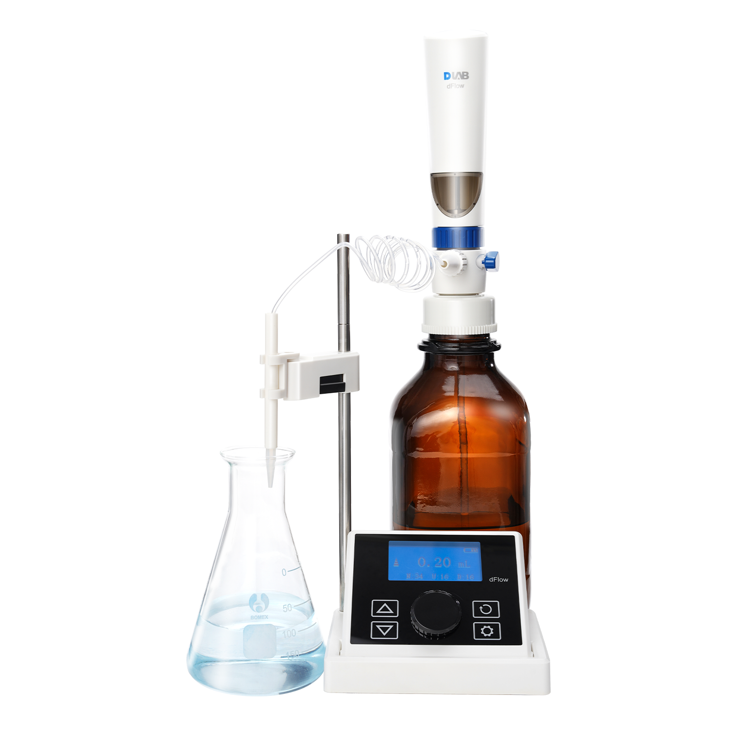 A laboratory bottle-top burette dispensing liquid into an Erlenmeyer flask, with a digital control panel displaying measurement data.