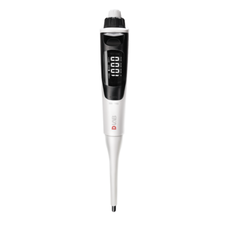 A digital adjustable laboratory pipette displaying volume settings, with a white and black design and DLAB branding.