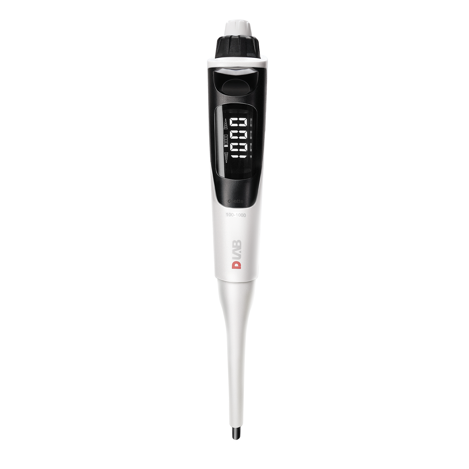 A digital adjustable laboratory pipette displaying volume settings, with a white and black design and DLAB branding.