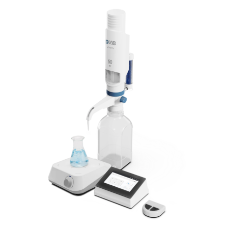 A laboratory setup with a digital dispenser connected to a bottle, a beaker with blue liquid on a stirring plate, and a touchscreen control panel.
