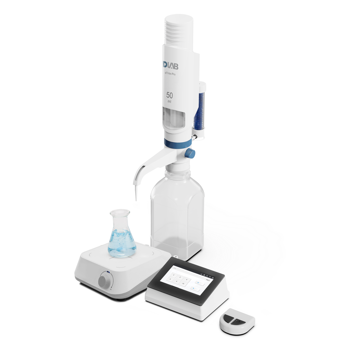 A laboratory setup with a digital dispenser connected to a bottle, a beaker with blue liquid on a stirring plate, and a touchscreen control panel.