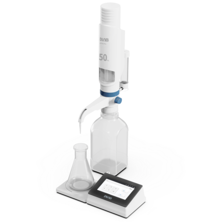 A laboratory setup with an electronic burette attached to a reagent bottle, a conical flask, and a digital control panel on a white background.