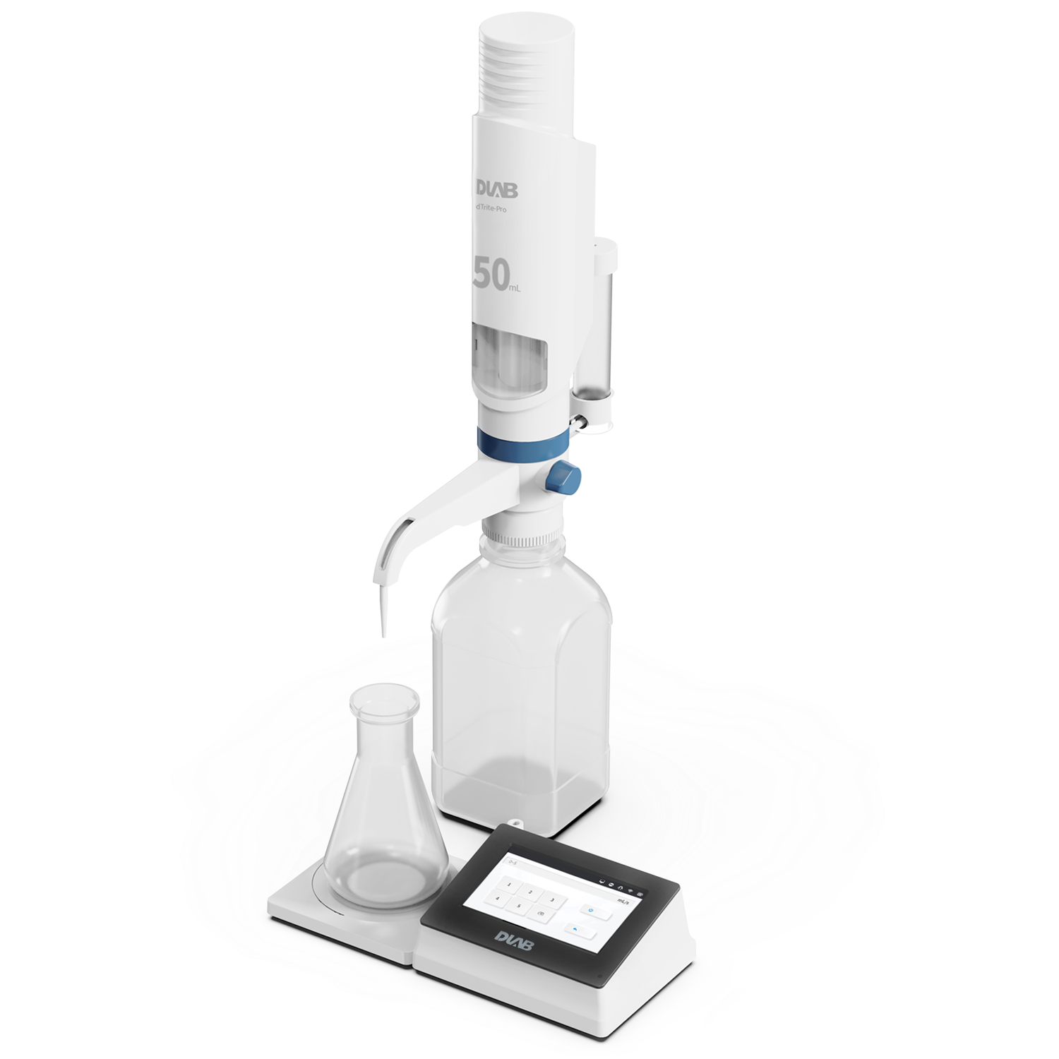 A laboratory setup with an electronic burette attached to a reagent bottle, a conical flask, and a digital control panel on a white background.