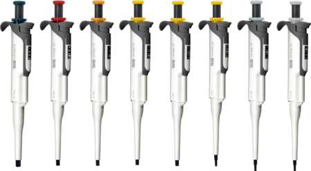 Nine laboratory pipettes with different colored caps are arranged in a row, each labeled with its volume range.
