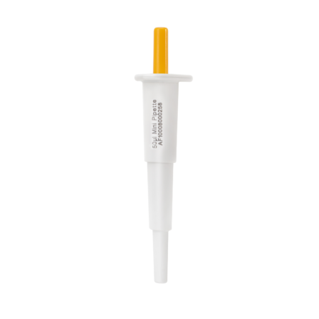 A white plastic pipette with an orange plunger, labeled "5µL Mini Petta AF: 600002429," shown against a plain white background.