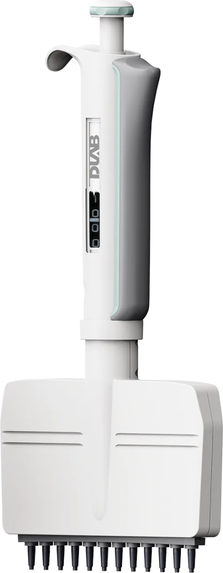 A white and gray electronic pipette with a digital display and multiple channels for laboratory liquid dispensing.