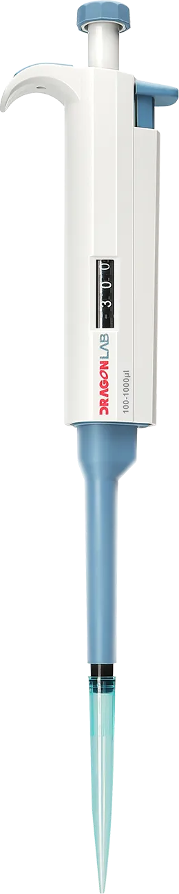 A laboratory micropipette with a blue tip, white body, and volume display, used for precise liquid measurement and transfer.