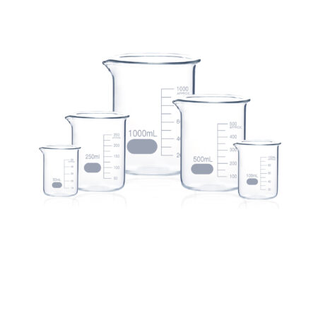 Five heavy duty beakers, low form with spout (50 mL, 100 mL, 250 mL, 500 mL, and 1000 mL), are arranged on a white background.