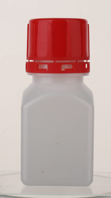 The narrow mouth square bottle with tamper evident screw cap is a white, upright container with a screw cap, displayed against a plain background.