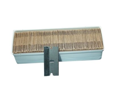 A pack of 100 Razor Blade Single Edge (100/Pack), shown with one upright razor blade in front of the box on a white background.