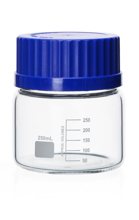 Reagent bottle glass GL80 with O'ring and blue cap, features clear glass and measurement lines up to 250 ml, displayed on a white background.