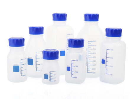 Seven reagent bottle square polypropylene with GL45 blue screw cap, featuring clear square shape and graduated markings, are arranged in two rows on a white background.