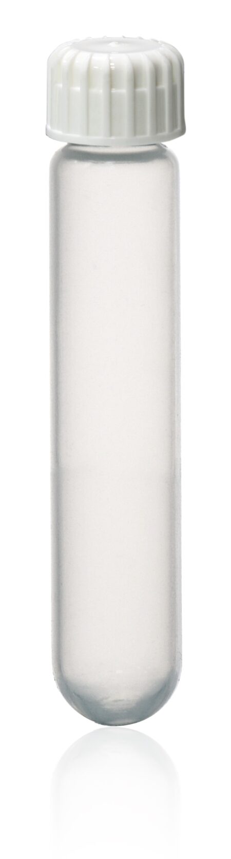 A round bottom centrifuge tube with neutral cap, made of clear glass and filled with transparent liquid, stands upright on a white background.