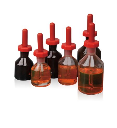 Seven Dropping Bottle, Amber Glass 30ml, 40x76mm W/Polystopper are arranged against a white background, each with a red Polystopper cap and filled with orange and dark brown liquids.