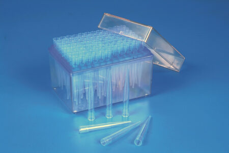 A Pipette Tip Blue Universal 100-1000ul boxed Rack with the lid open, showing several pipette tips lying on the blue surface beside it.