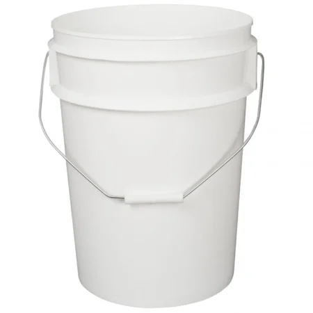 A 20lt white polypropylene pail with a metal handle and lid, photographed against a white background with no visible markings.