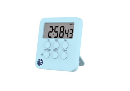 A pink Multifunctional Digital Timer displays 2:58:43. It features six labeled buttons, functions as both a count up and countdown timer, clock, and alarm, and includes a flip-out stand on a white background.