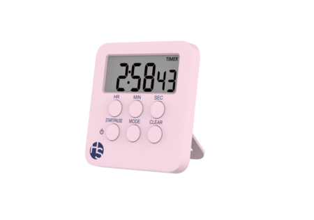 The Multifunctional Digital Timer in pink displays 2:58:43 on its screen and serves as both a count-up and countdown clock, as well as a clock and alarm. It features four round buttons labeled HR, MIN, SEC, START/PAUSE, MODE, and CLEAR for easy operation. The alarm is simple to set, and the device stands upright using its built-in stand.