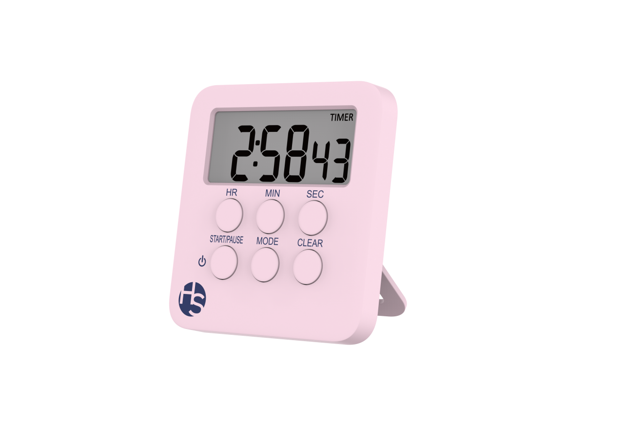 The Multifunctional Digital Timer in pink displays 2:58:43 on its screen and serves as both a count-up and countdown clock, as well as a clock and alarm. It features four round buttons labeled HR, MIN, SEC, START/PAUSE, MODE, and CLEAR for easy operation. The alarm is simple to set, and the device stands upright using its built-in stand.