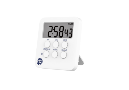 Multifunctional Digital Timer in pink, displaying 2:58:43, features HR, MIN, SEC, START/PAUSE, MODE, and CLEAR buttons for easy operation. Designed for count up and countdown functions as well as clock and alarm settings—all set against a plain white background.