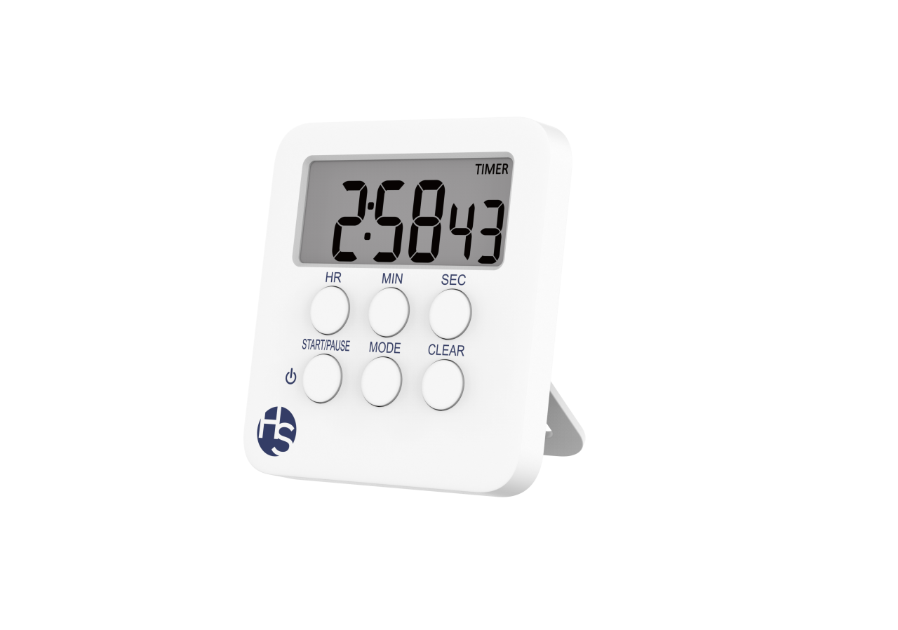 Multifunctional Digital Timer in pink, displaying 2:58:43, features HR, MIN, SEC, START/PAUSE, MODE, and CLEAR buttons for easy operation. Designed for count up and countdown functions as well as clock and alarm settings—all set against a plain white background.