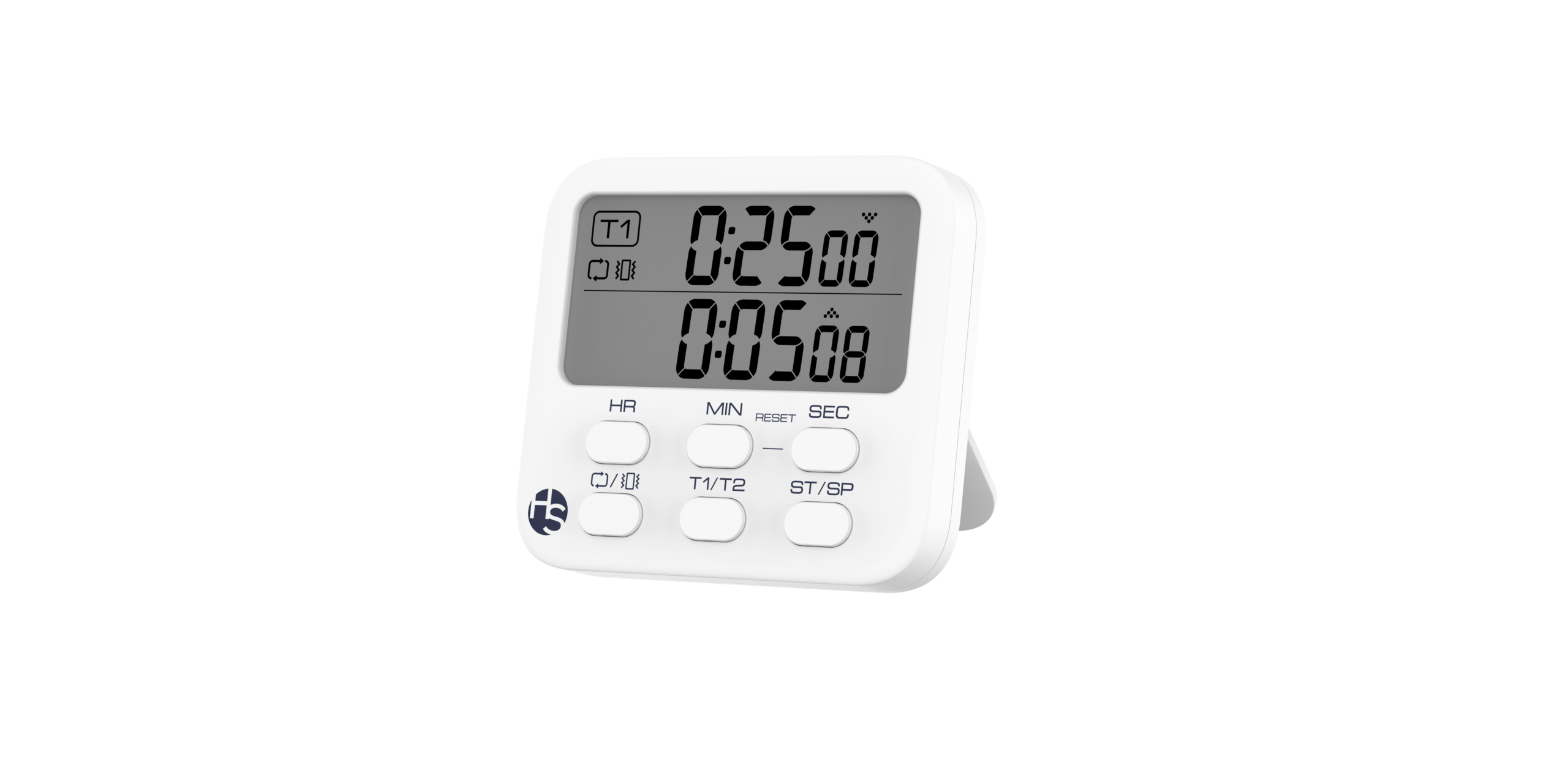 Multifunctional Digital Timer in pink with a large display showing two times, featuring four buttons labeled HR, MIN, SEC, and ST/SP for setting the clock, count up/count down timer, or alarm functions. This timer has a white plastic casing with a stand for upright placement on any flat surface.