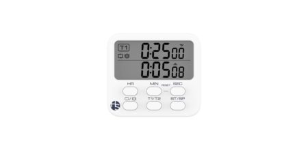 The Multifunctional Digital Timer in pink, featuring both count up and countdown capabilities as well as clock and alarm functions, resembles a compact clock. Its display shows 25 minutes on the top row and 5 seconds on the bottom row. Below the screen are six clearly labeled buttons, allowing for effortless time setting and activation of the alarm for precise cooking control.