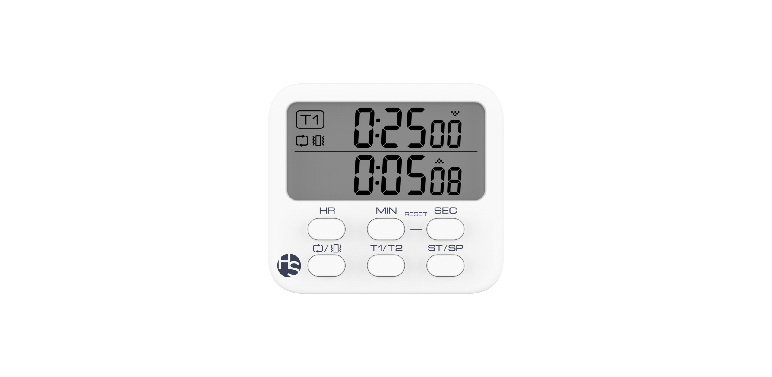 The Multifunctional Digital Timer in pink, featuring both count up and countdown capabilities as well as clock and alarm functions, resembles a compact clock. Its display shows 25 minutes on the top row and 5 seconds on the bottom row. Below the screen are six clearly labeled buttons, allowing for effortless time setting and activation of the alarm for precise cooking control.