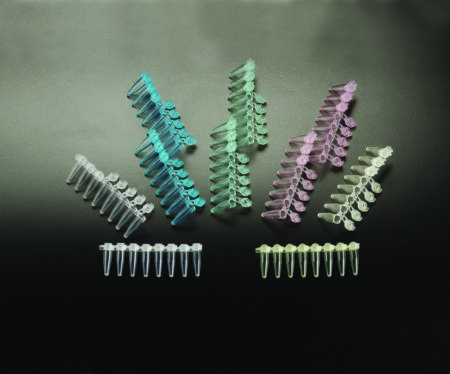 Natural-colored low profile 0.2ml PCR tube strips (8 tubes per strip, flat cap) arranged in rows on a dark surface.